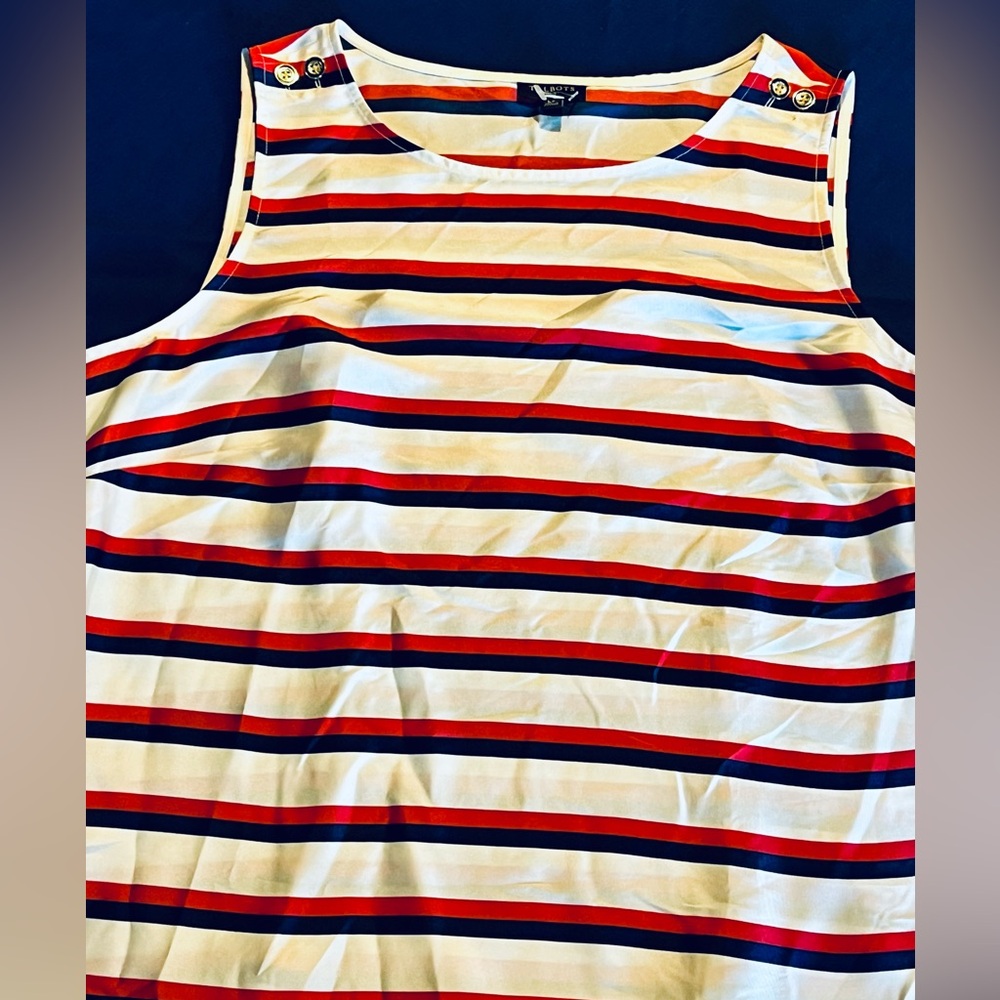 Talbots Stripe Sleeveless Blouse Navy White Large Petite Nautical Beach